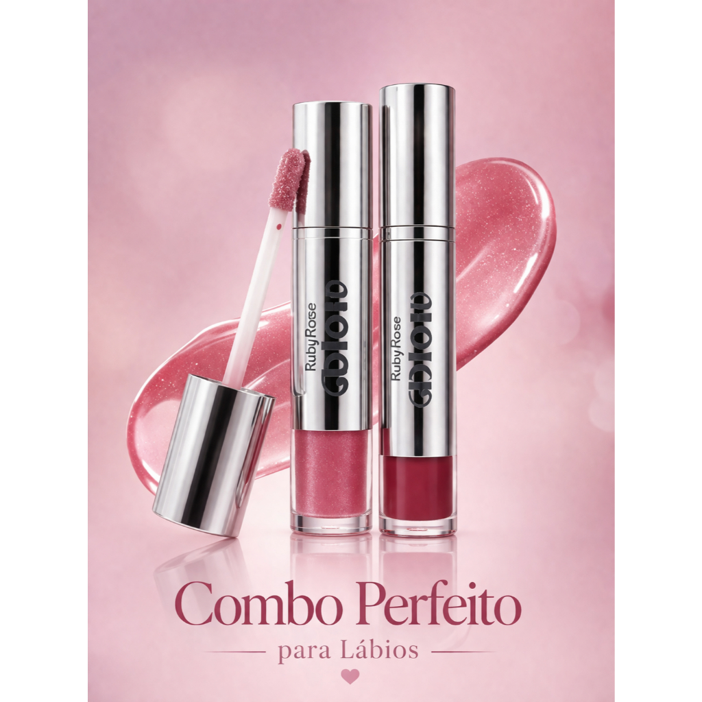 Kit Gloss + Batom Líquido Ruby Rose | Brilho Espelhado + Cor Intensa | Lábios Perfeitos e Duradouros