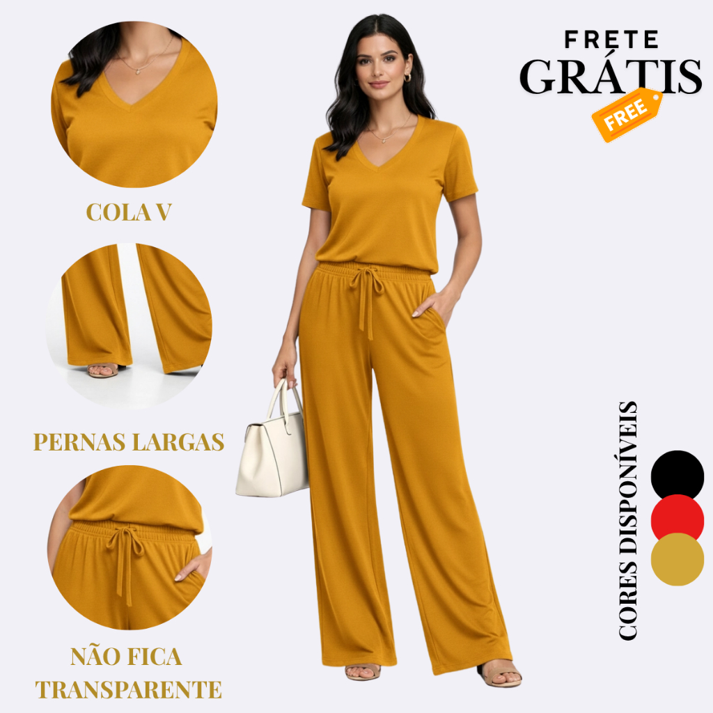 Conjunto Feminino Malha Viscolycra Inverno Blusa Gola V Maga Curta + Calça Pantalona|Moda Casual Confortável e Estilosas em Oferta na Shopee