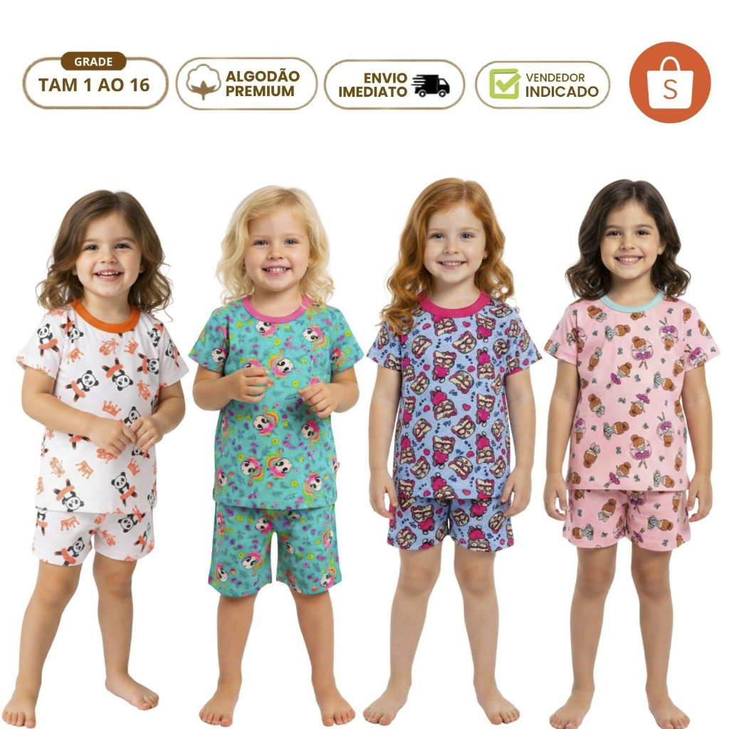 Kit 4 Peças Pijamas Infantis Feminino Verão Roupa de Dormir Infantil Menina Calor Algodão 1 a 16 anos 2 Camiseta 2 Bermu