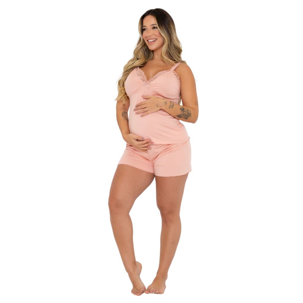 Short Doll Amamentação pijama com renda perfeita e click