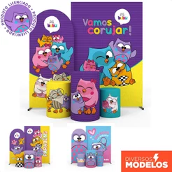 Cilindro e Painel de Festa Bubu e as Corujinhas Decoração Aniversário Infantil Veste Fácil Em Tecido Sublimado