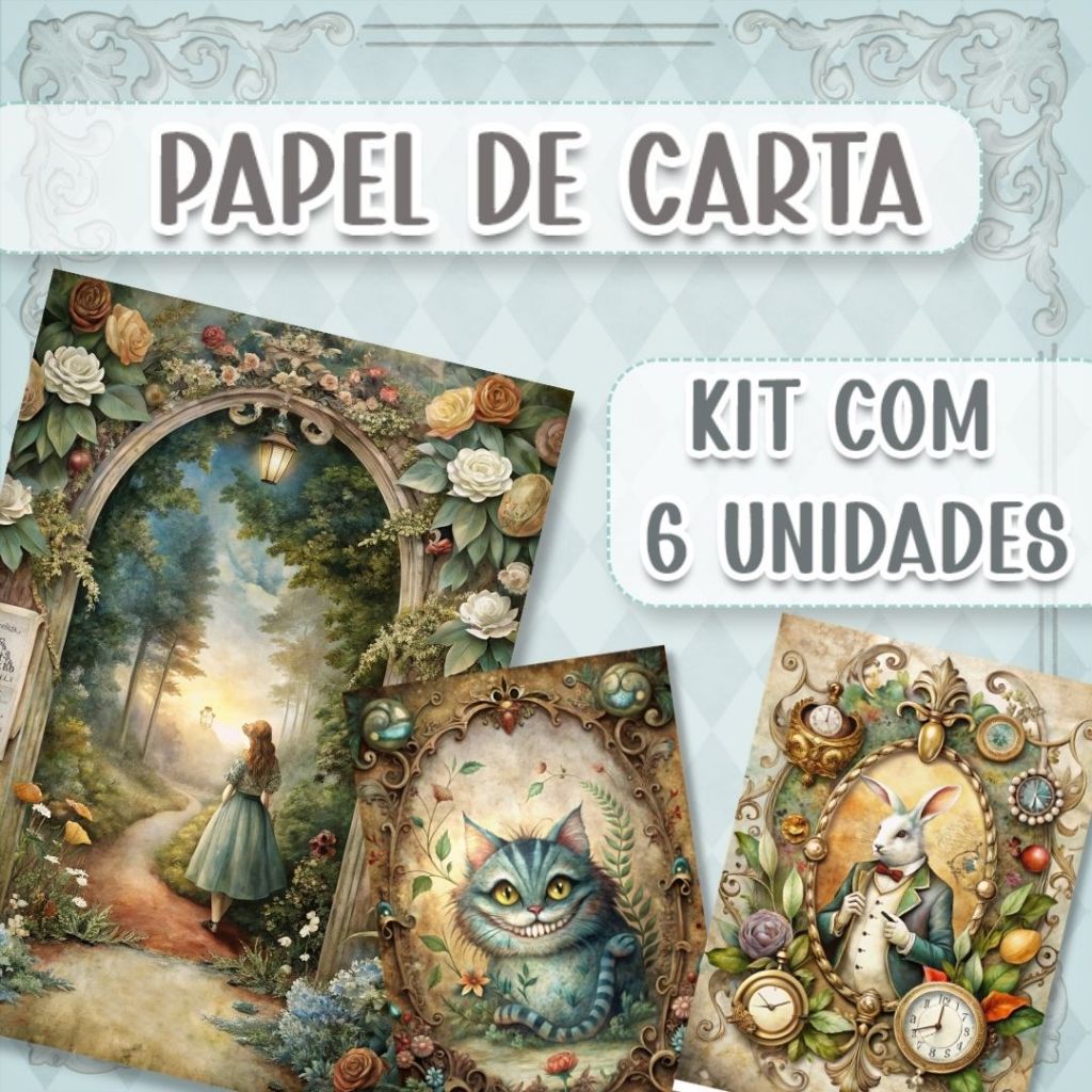 Papel de Carta Alice Vintage Fofo 14x20cm Kit 6 Unidades Papel Decorado Scrapbook Cartinhas Papelaria Criativa