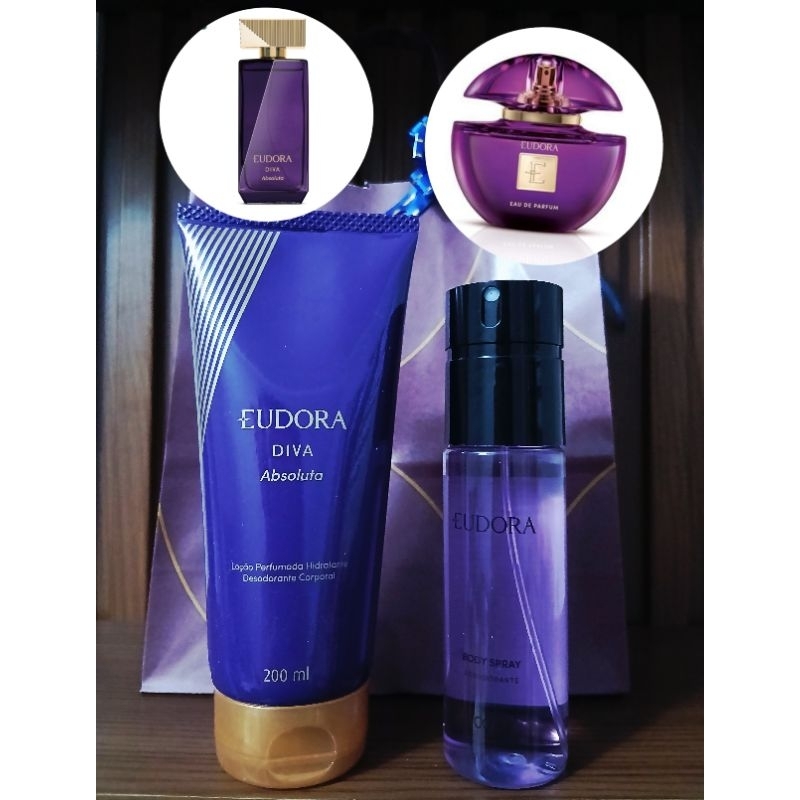 kit Combo 01 Hidratante Corporal Diva Absoluta 200ml 01 Body Splash Eudora Roxo Vegano.