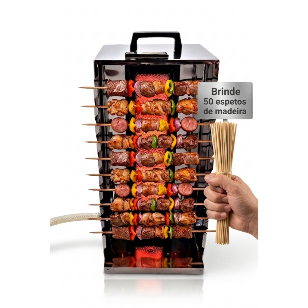 Imagem Churrasqueira a Gás Inox para 10 Espetinhos + 50 Espetos Madeira Prática e Profissional