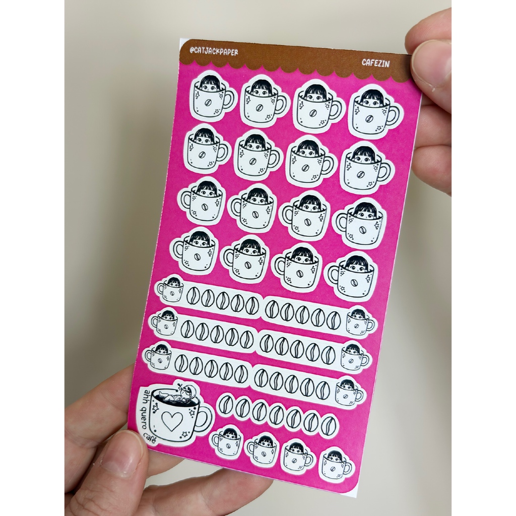 Cartela de Adesivos Rastreadores Cafeína Humor para planners, bullet journal, colagem
