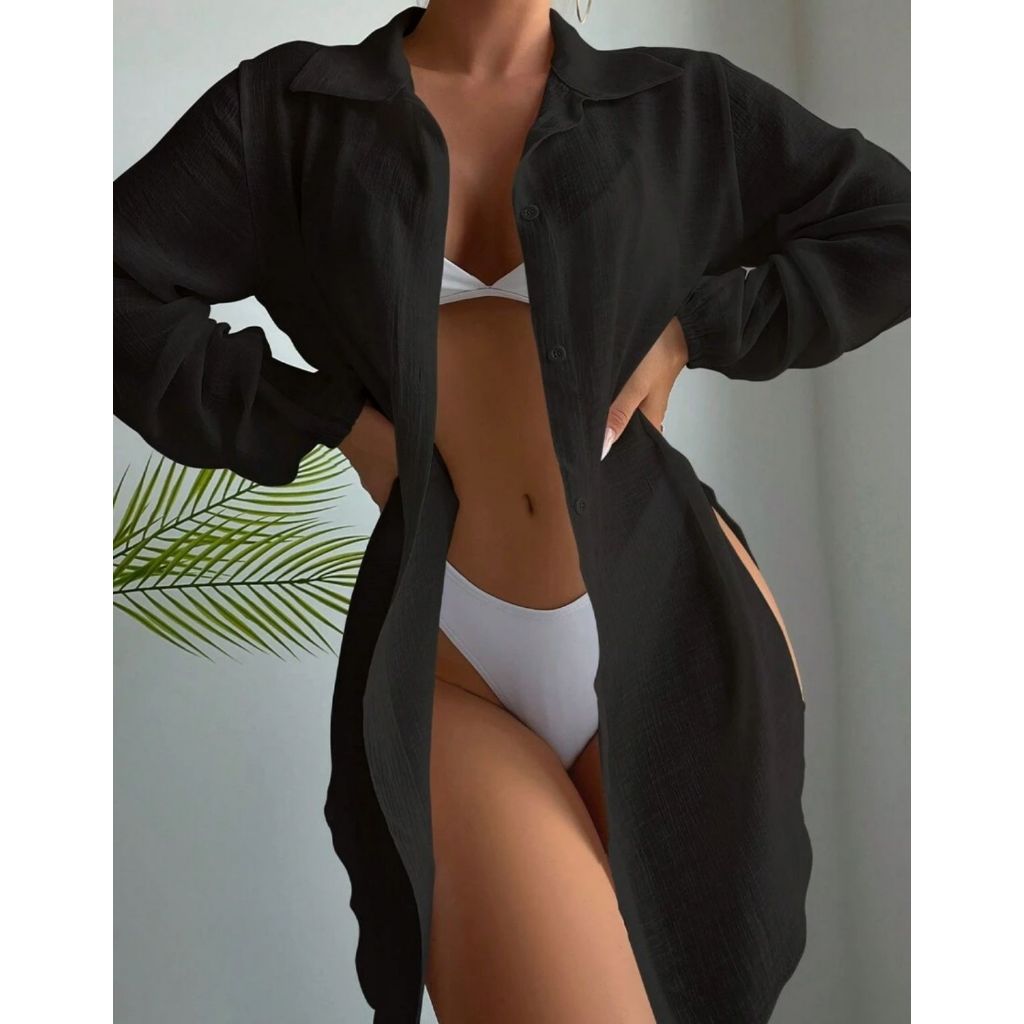 Vestido Saida de Praia Chemise Feminino Camisão Botões Manga Longa Elegante Verão em Oferta na Shopee