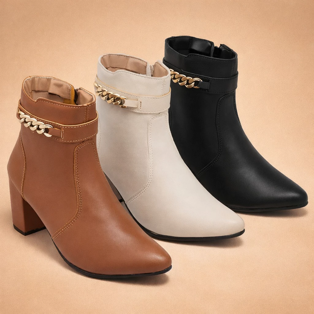 Bota Feminina Bico Fino Salto Fashion Confortável Enfeite Corrente Brilho Original Olzzy Moda — imagem 1