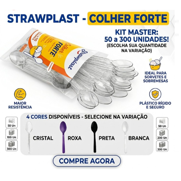 Colher Forte Descartável Reforçada 50~300 Unidades Cristal em Oferta na Shopee