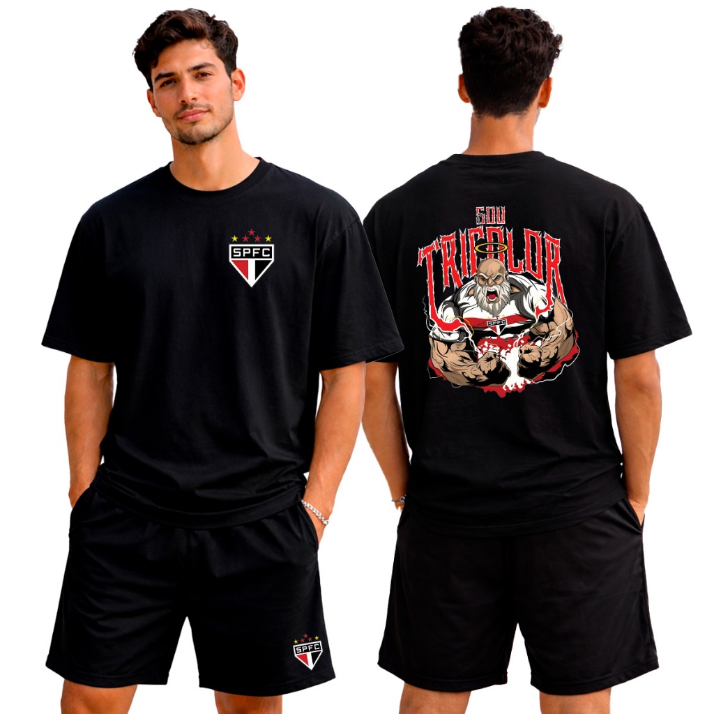 Kit Adulto 2 peças 1 Camiseta e 1 Bermuda Tectel Tactel Tricolor Paulista São Paulo Futebol Adulto Unissex