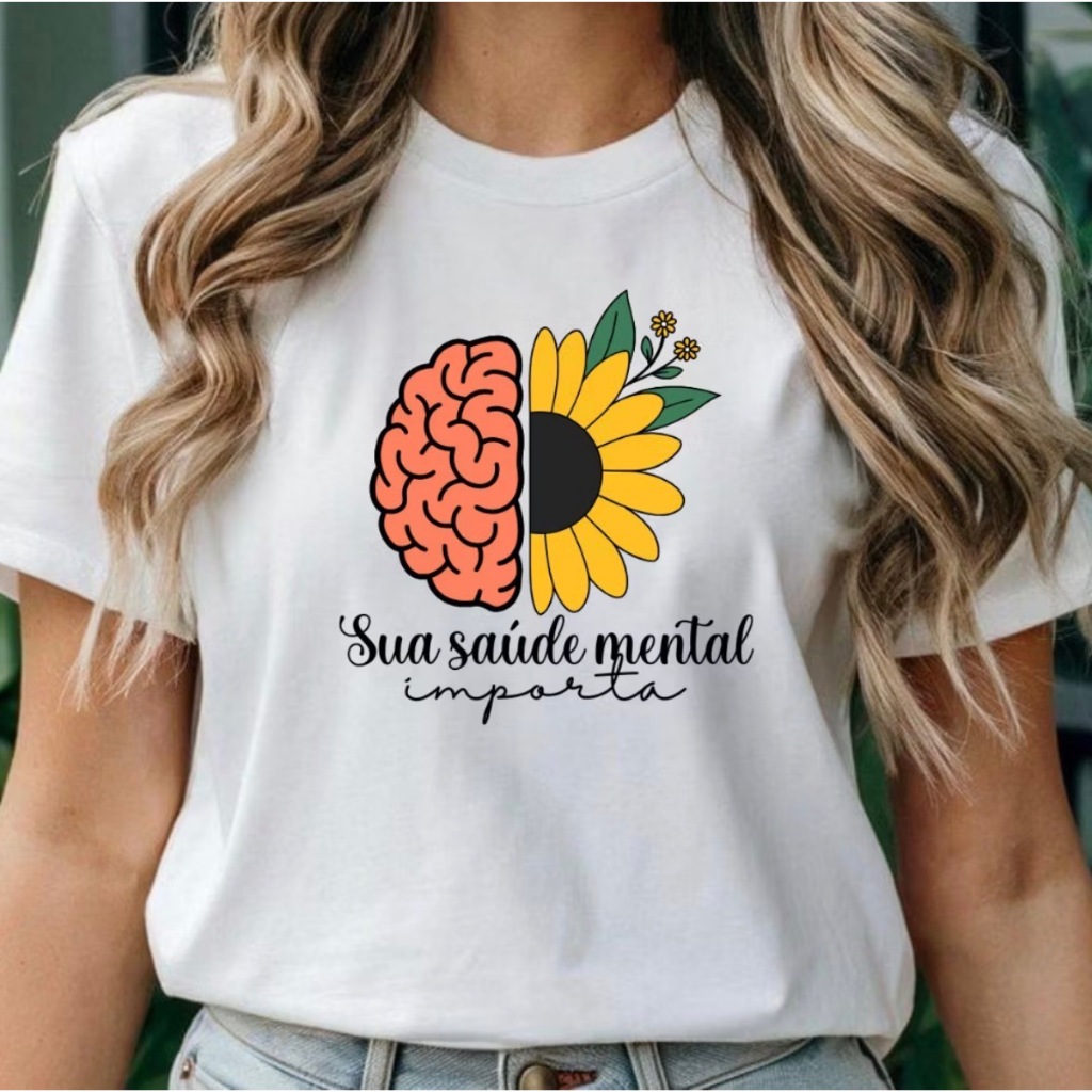 Camiseta Feminina Saúde Mental Importa Estampada | T-Shirt Psicologia Terapia Cérebro Flor Setembro Amarelo Algodão Psic