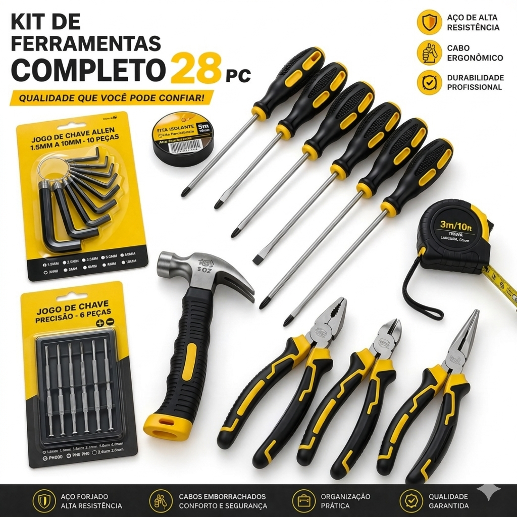 Kit Jogo de Ferramentas 28 PC Alicates + Jg chaves Fenda e Philips Allen + trena + martelo