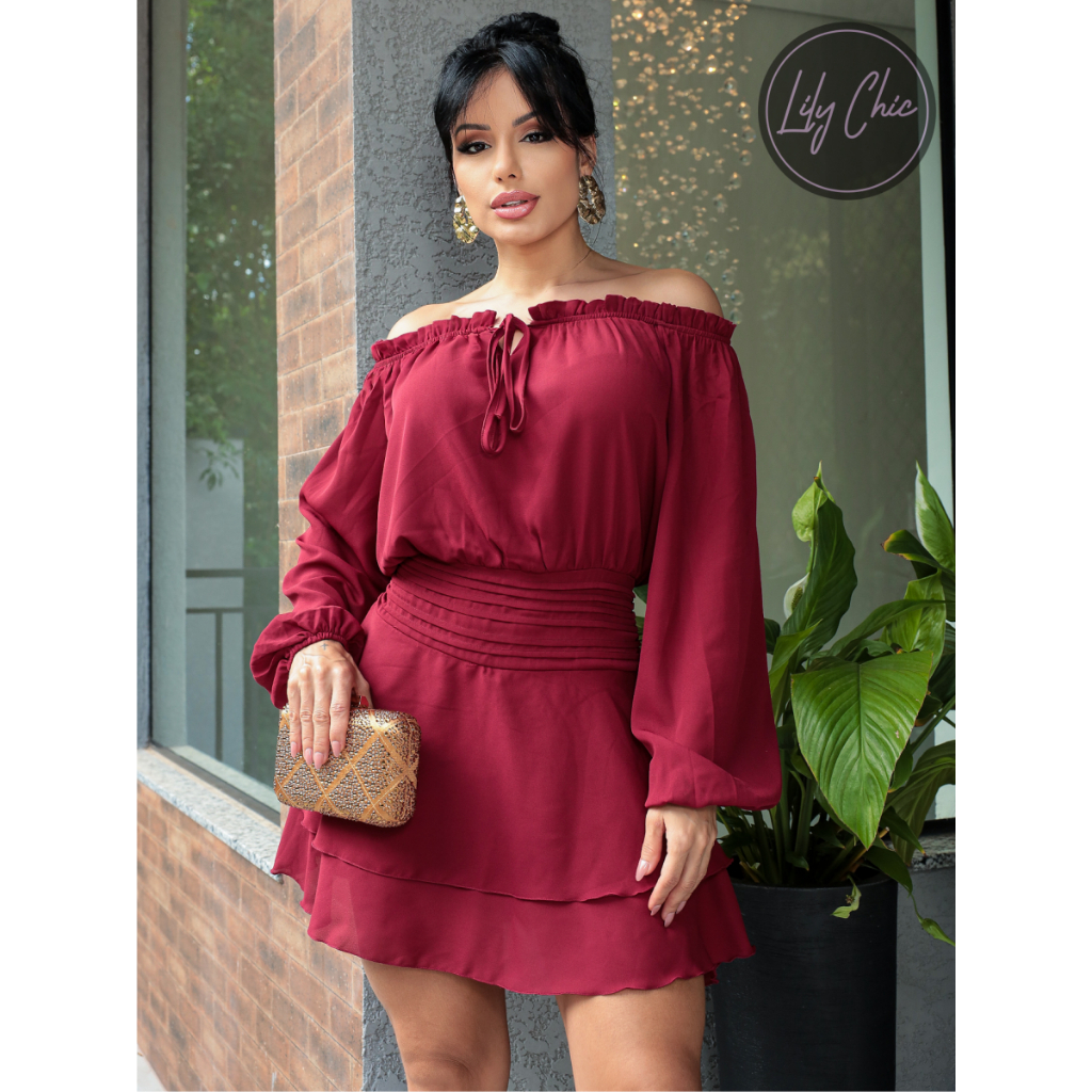 Vestido Macaquinho Chiffon OMBRO a OMBRO Manga Longa com Babados e Shorts Interno – Rodeio - Country