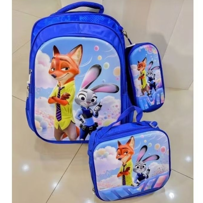 Kit Mochila 3D Zootopia Mochila Grande Lancheira Térmica Impermeável Estojo Escolar Infantil