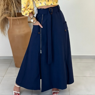 Saia Longa Alfaiataria com Bolso Fenda e Ziper na Lateral Cinto Exclusivo Tendência em Oferta na Shopee