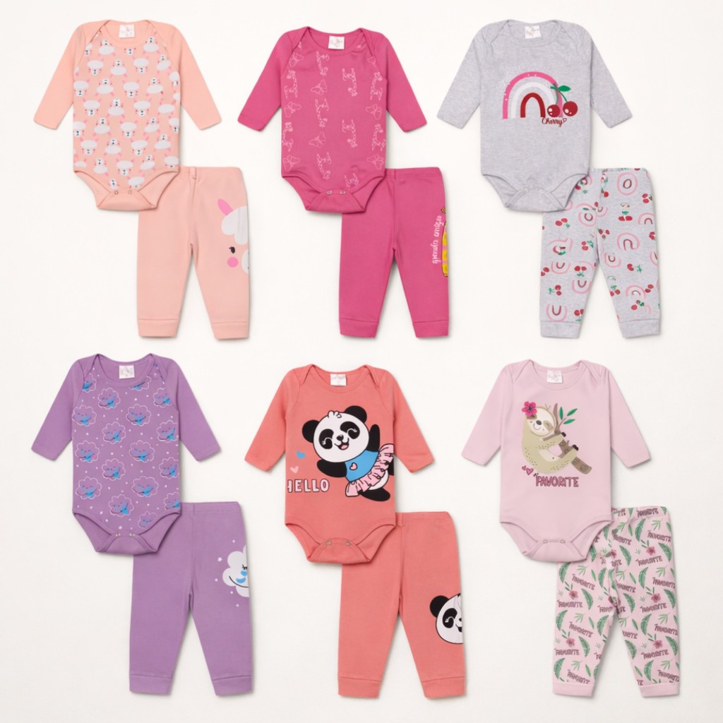 Kit 6 Conjuntos Bebê Menina 12 Peças Body Manga Longa e Calça RN ao GG Algodão Estampas Sortidas