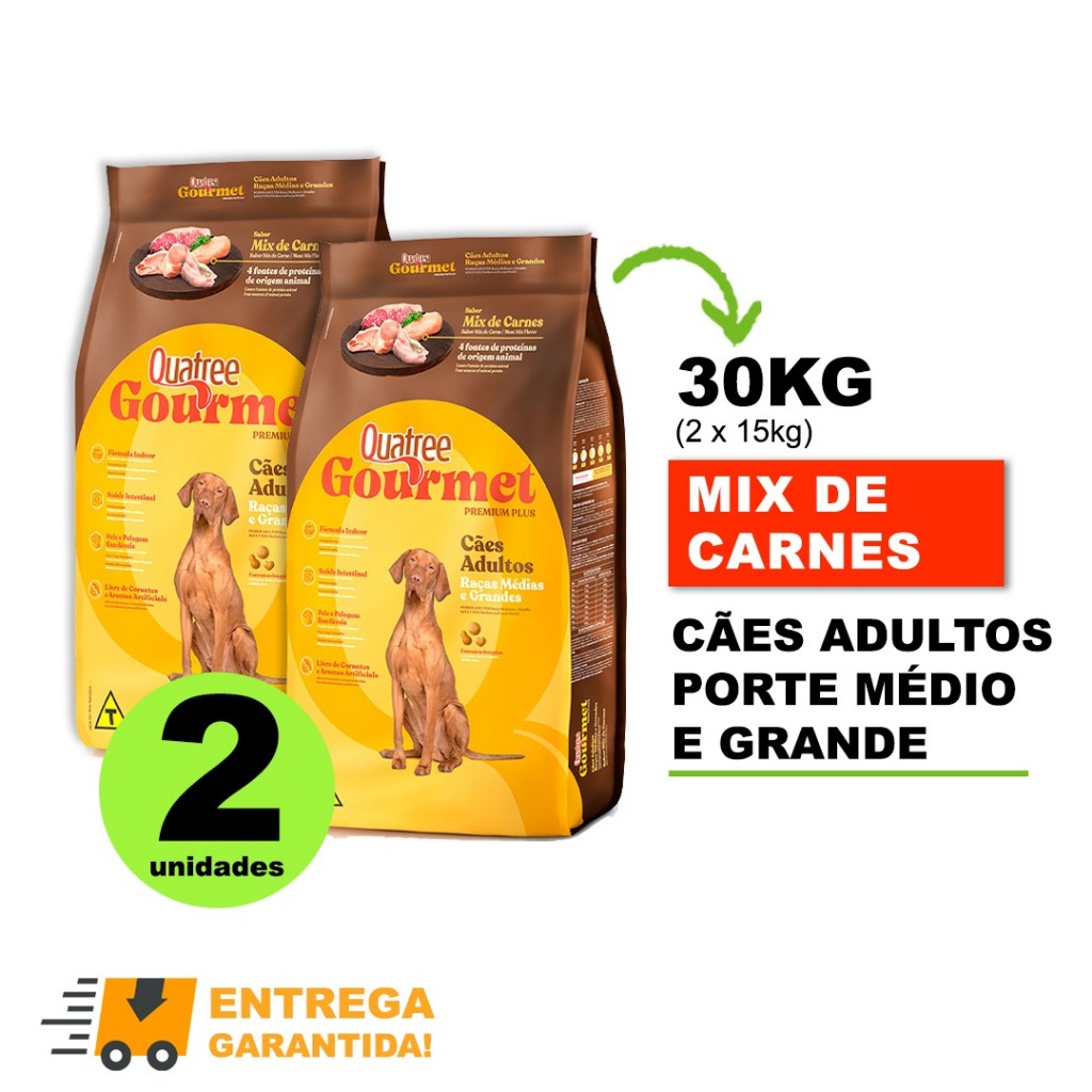 kit com 2 Ração Quatree Gourmet Adulto Raça Média e Grande 15 kg