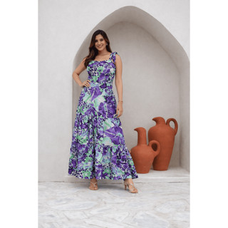 Vestido Longo Viscose Estampado Alça Amarrar Lastex Costa