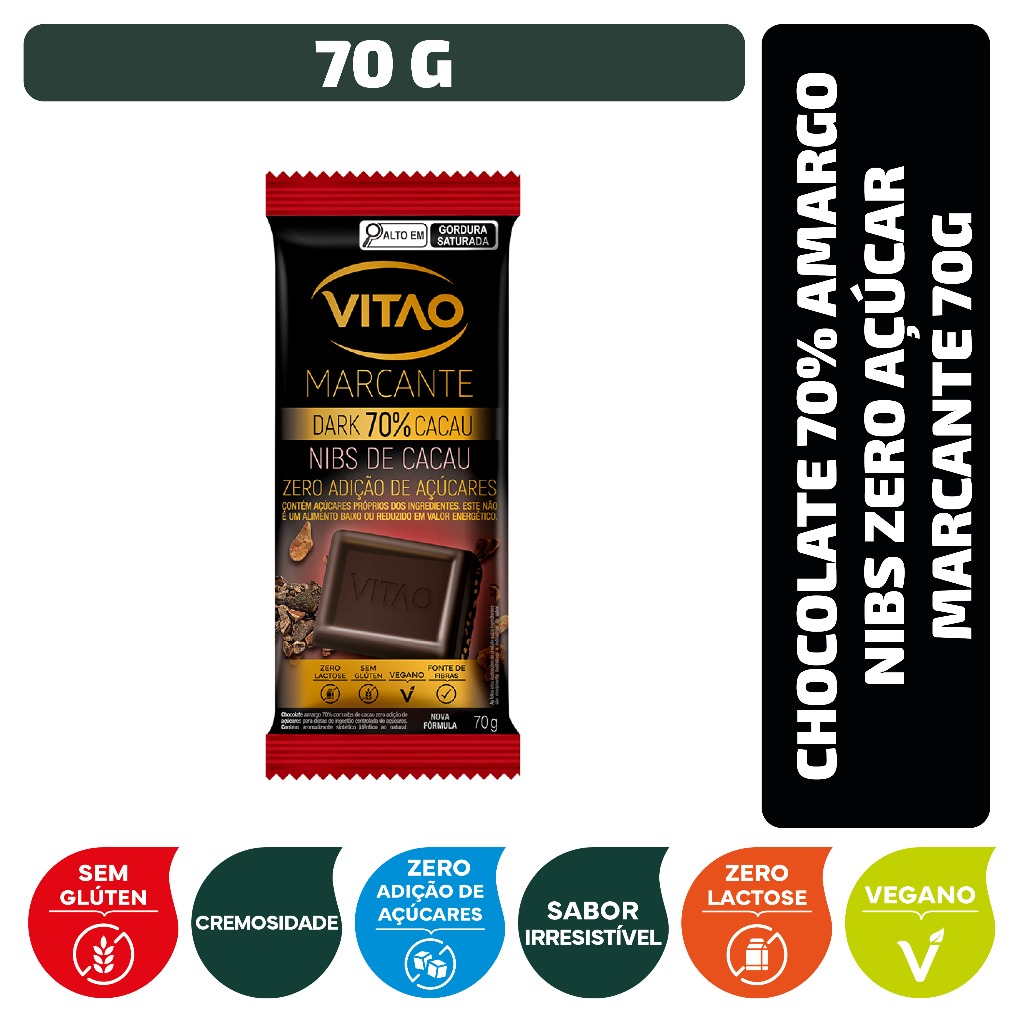 Chocolate 70% Amargo Nibs Zero Açúcar Marcante 70 g