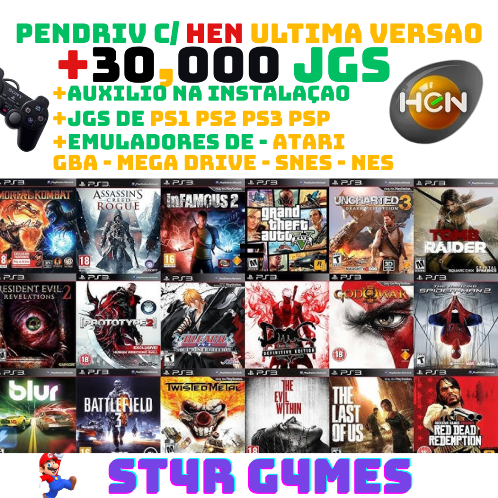 PENDRIV C/ DESBLOQUEIO PS3 HEN + 30,000 JGS + EMULADORES + TUTORIAL