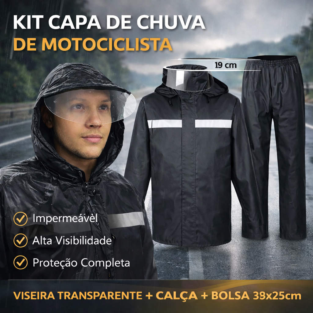 Conjunto Impermeável Moto PVC Reforçado Jaqueta Refletiva com Capuz e Viseira e Calça Motociclista