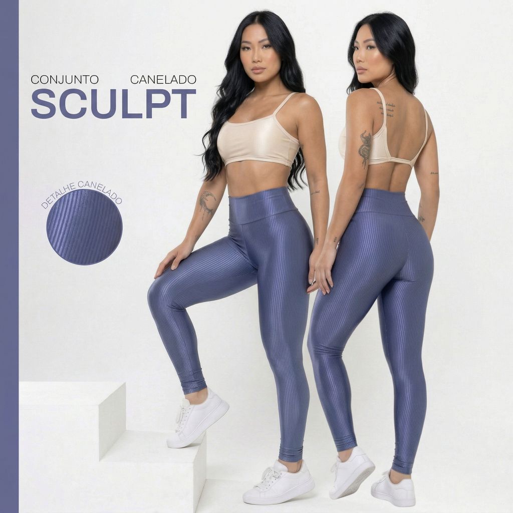 Conjunto Academia Feminino – Canelado Brilho, Legging Cintura Alta Modeladora e Confortável