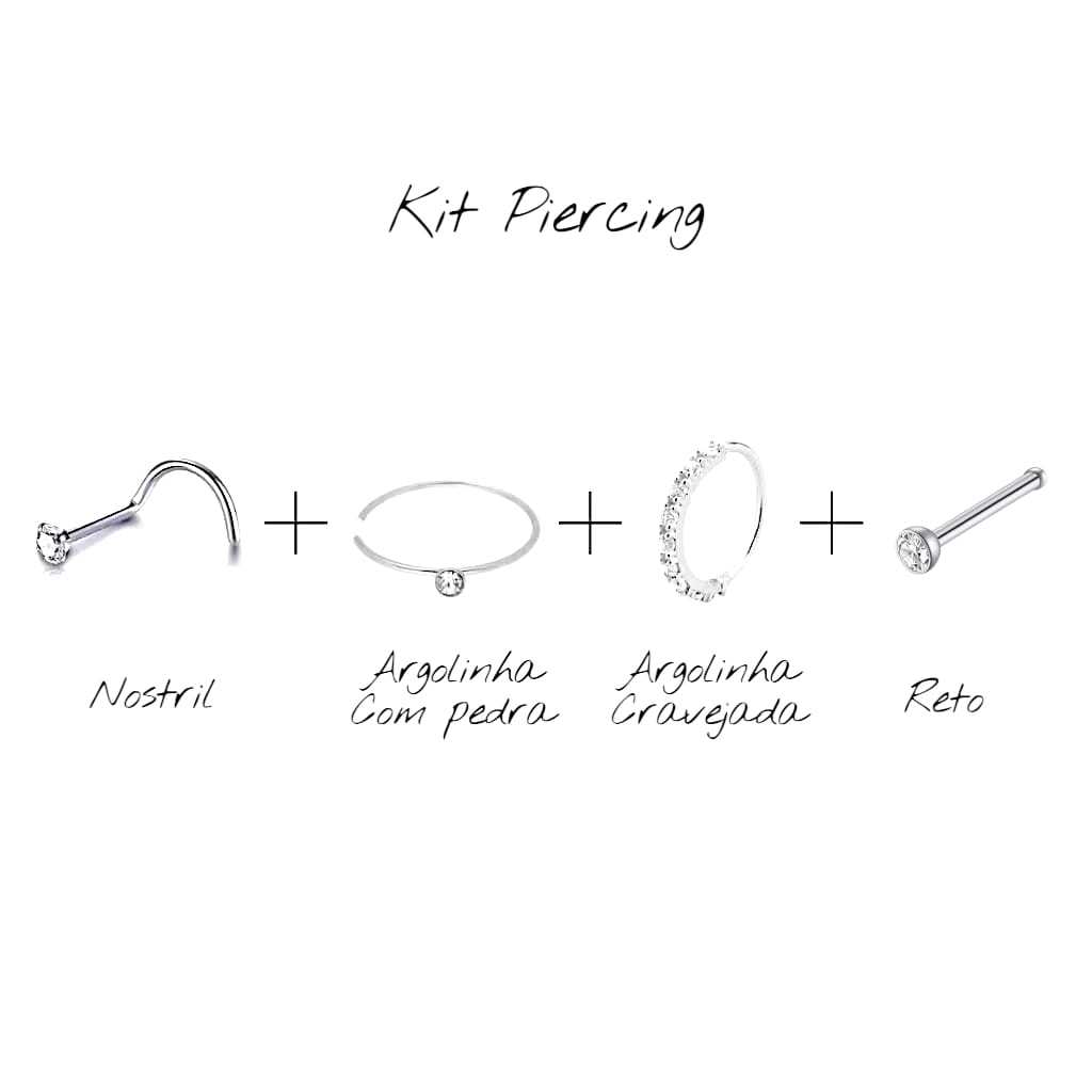 Kit 4 Piercings para Nariz Aço Inoxidável Argola Cravejada Ponto de Luz Prata com Zircônia Antialérgico Não Escurece