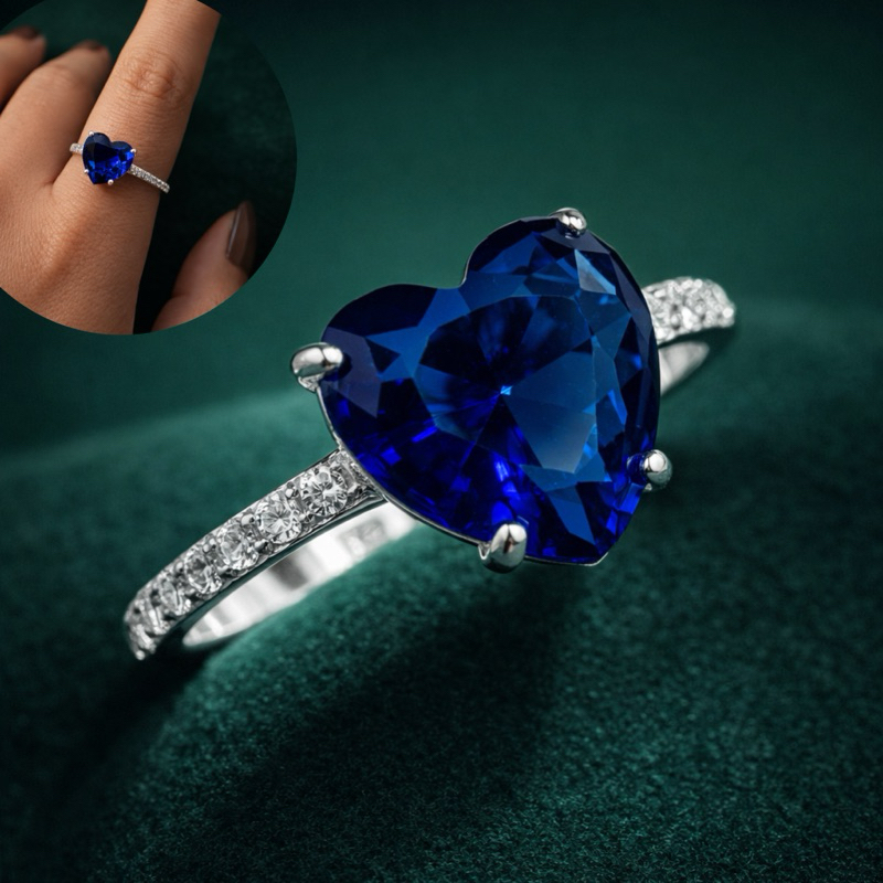 Anel Coração Azul Cravejado Lateral em Prata 925 Romântico e Elegante