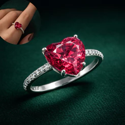 Anel Coração Rosa Cravejado Lateral em Prata 925 Delicado e Romântico