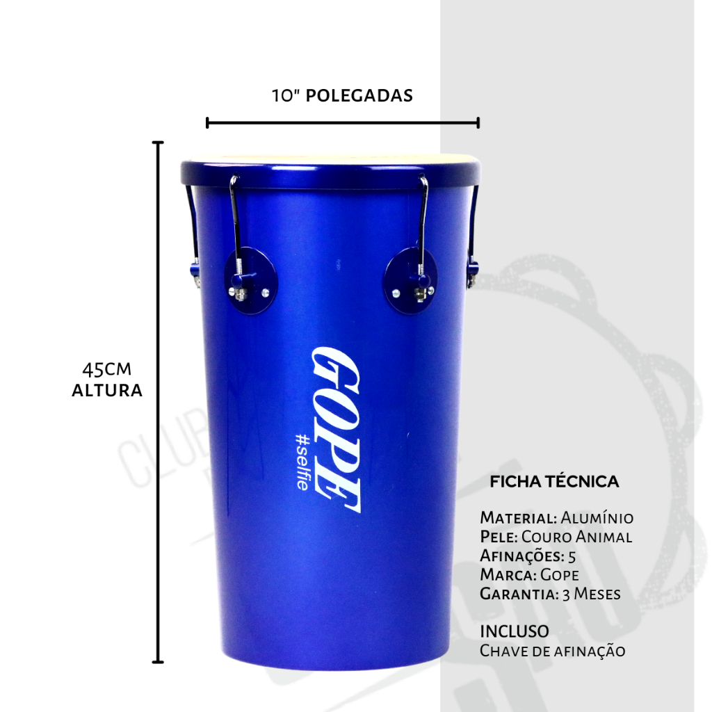 Tantan Rebolo Gope Original 10" x 45cm Alumínio Cônico Selfie Azul Pele Couro Animal Samba Pagode