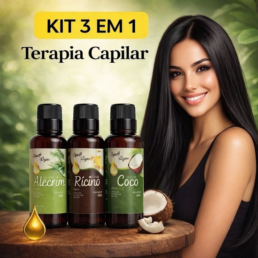 KIT 3 óleos 100% puro Terapia Capilar Cronograma Óleo de Coco + Ricino + Alecrim 60ml Tratamento Capilar