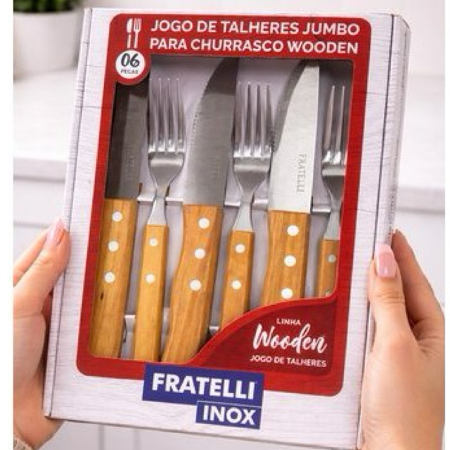 Kit Jogo de Talheres Churrasco Cabo Madeira Jumbo 6 Peças Profissional Aço Inox Grelha BBQ Faca de Serra Cortar Carne