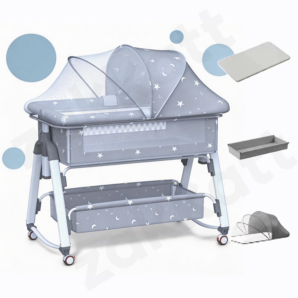 Berço Portátil com Balanço, Altura Ajustável e Mosquiteiro – Sono Aconchegante para seu Bebê P18