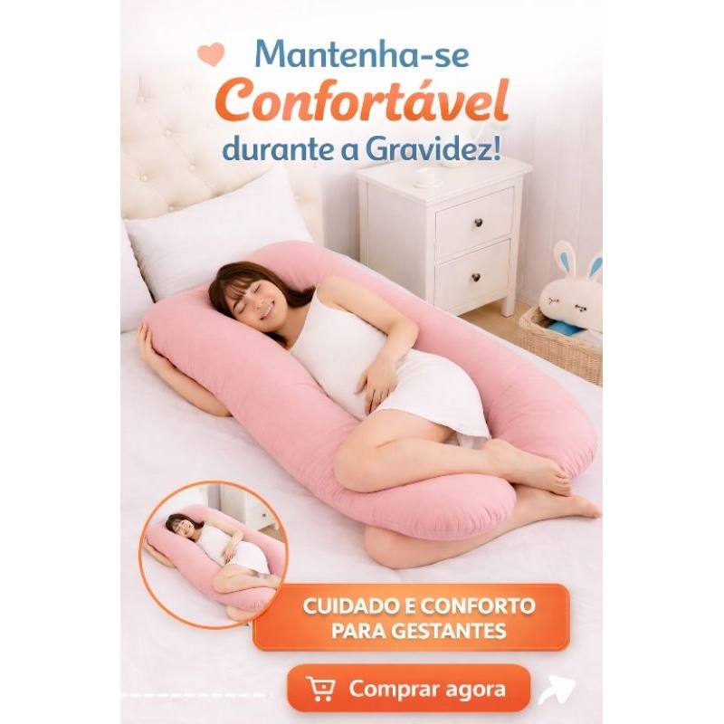 Almofada Gestante  Travesseiro corpo Inteiro U | Anti Dor Lombar | Sono Confortável | Enchimento Cheio | 100% Algodão