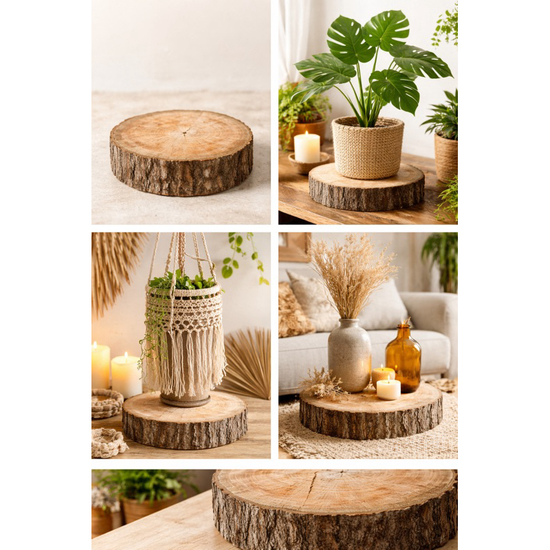 kit 3 Base Rústica de Madeira Natural | Tronco  | Suporte Artesanal para Decoração bolacha de madeira|