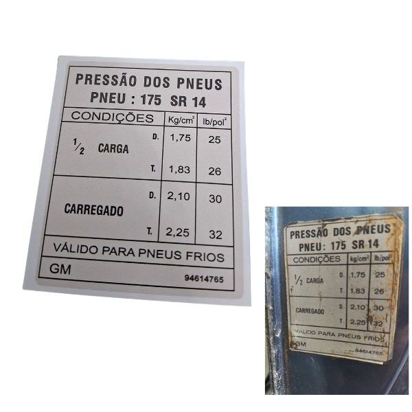 ADESIVO PNEUS OPALA, CARAVAN  SL, STANDARD MEDIDA 175 SR 14 / PRESSÃO E MEDIDA DOS PNEUS / ETIQUETA IDENTIFICAÇÃO 946147