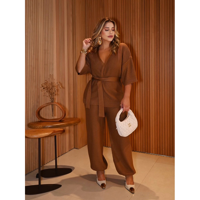 conjunto feminino tricô premium calça Aladim Kimono alongado transpassado com cinto faixa elegante casual social