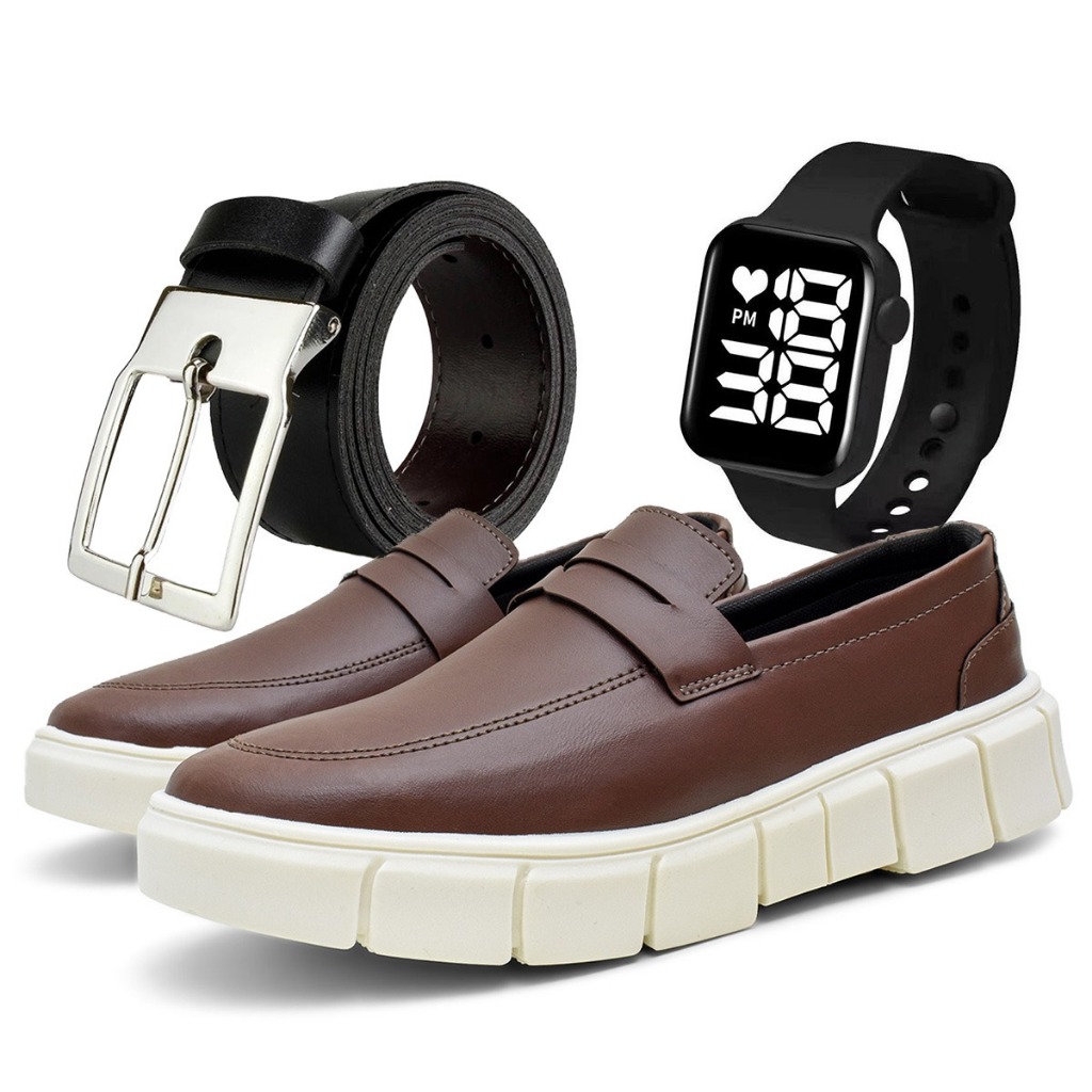 Sapato Social Masculino Mocassim Casual Sola Alta Elegante e Confortável Couro Nobre + Cinto Relogio