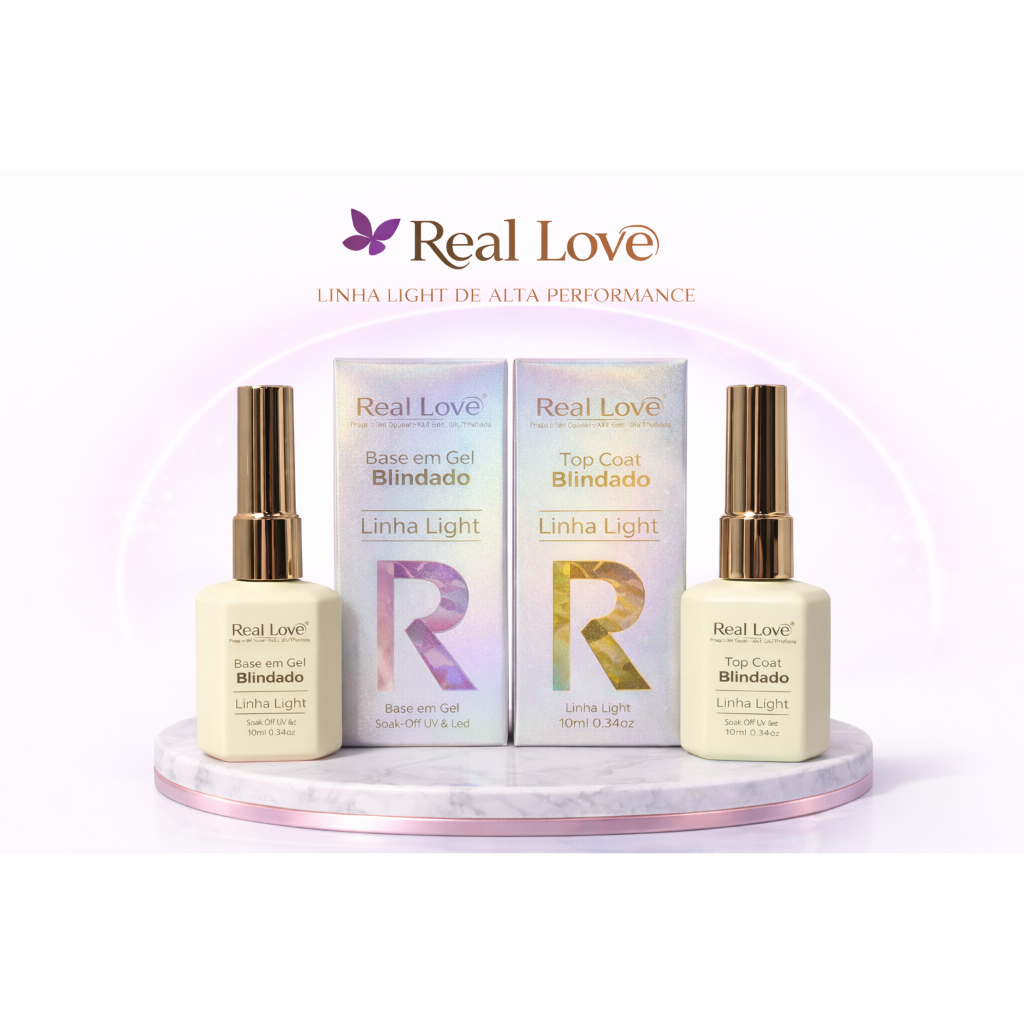 Kit Blindagem Unhas - Real Love Linha Light Base / Top Coat - Brilho e Proteção