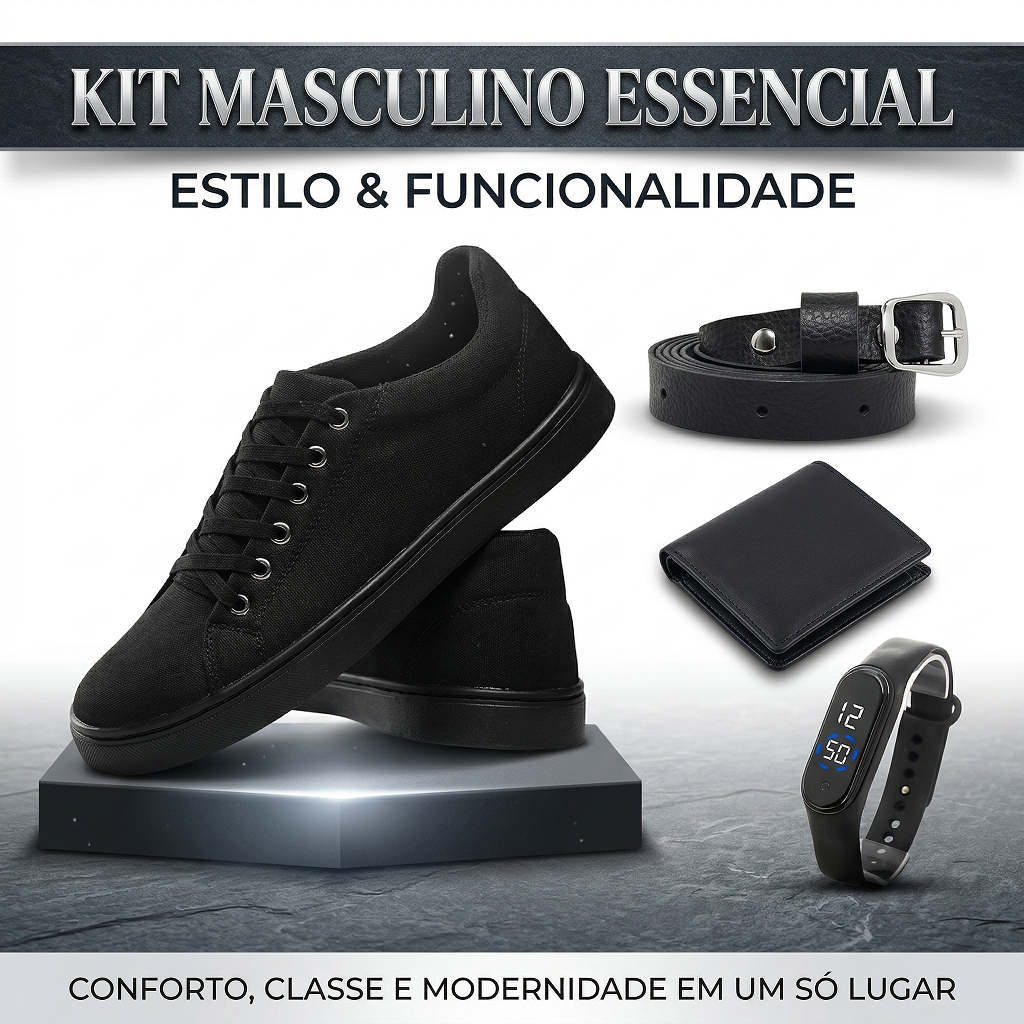 Oferta Kit Masculino Essencial – Tênis + Cinto + Carteira + Pulseira Digital ⌚ Conforto & Estilo