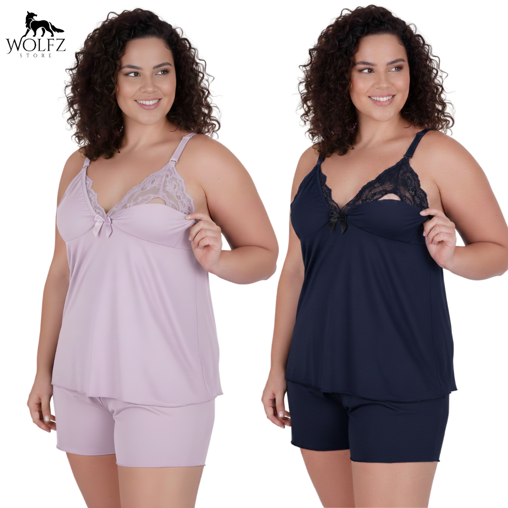 Kit 2 Baby Doll Amamentação Plus Size Pijama Gestante Pós Parto Sutiã Abre Fácil Confortável Maternidade