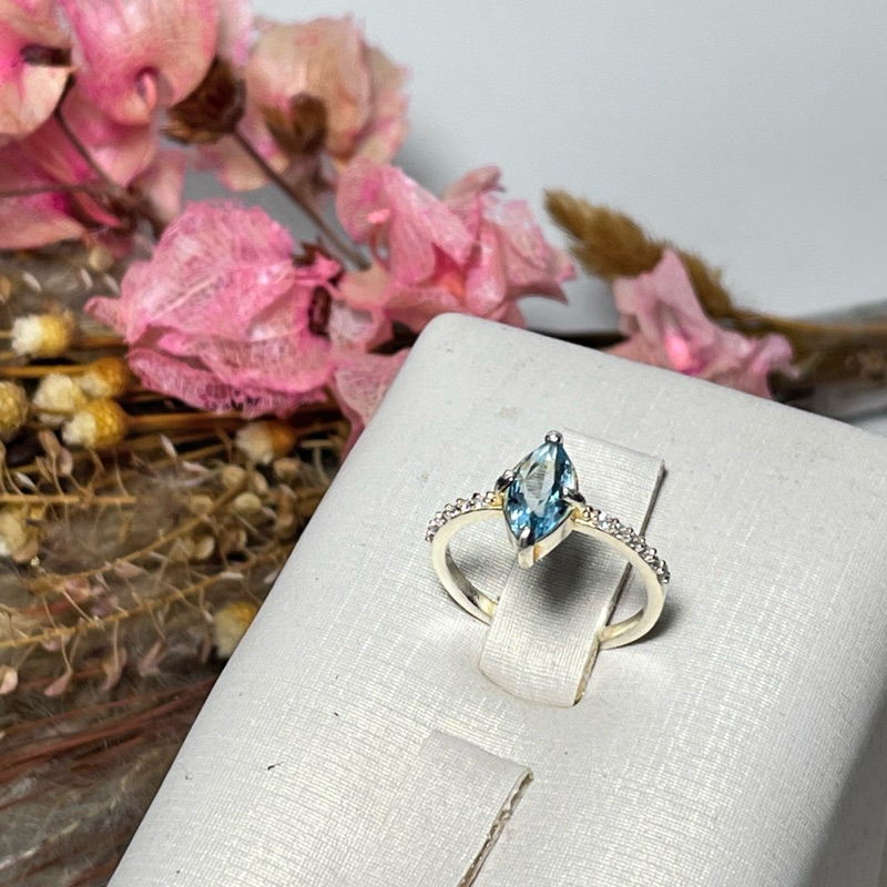 Anel Prata 925 Legítima Solitário Navete Cristal Azul Topázio - Brilho Luxo