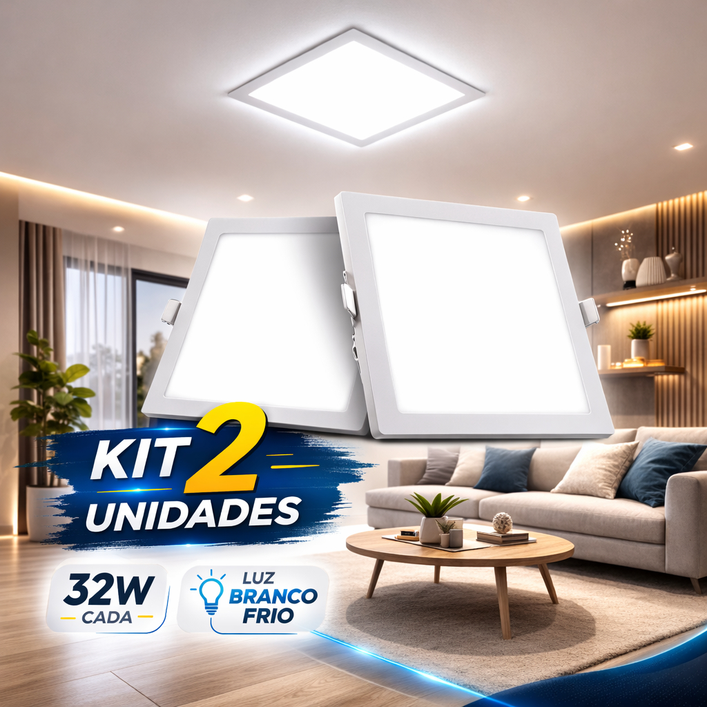 Kit 2 Plafon Led 32W Quadrado Embutir Branco Frio 6500k Bivolt
