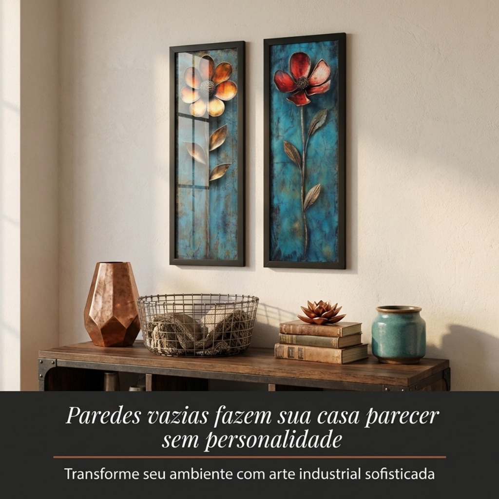 Kit 2 Quadros 18x45 cm Sala, quarto, escritório, Varanda, moldura e Vidro, flores, metal — imagem 2 de 2