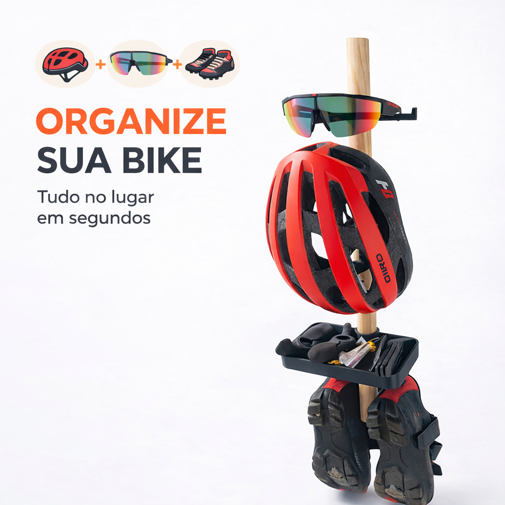Suporte de Parede para Bike | Organizador de Capacete, Óculos e Sapatilha | Porta Equipamentos Ciclismo