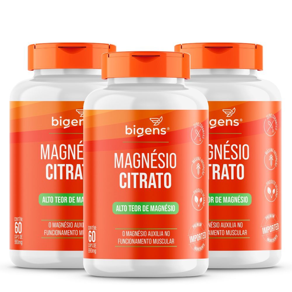 Kit 3x Bigens Magnésio Citrato 60 Cápsulas 260mg Alto Teor | Energia Muscular | Sono | Relaxamento