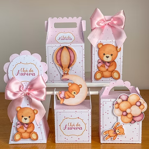 kit caixas personalizadas PEGUE E MONTE URSINHO ROSA ~CHÁ DE BEBÊ ~CHÁ REVELAÇÃO ~ lembrancinhas ~ mimos