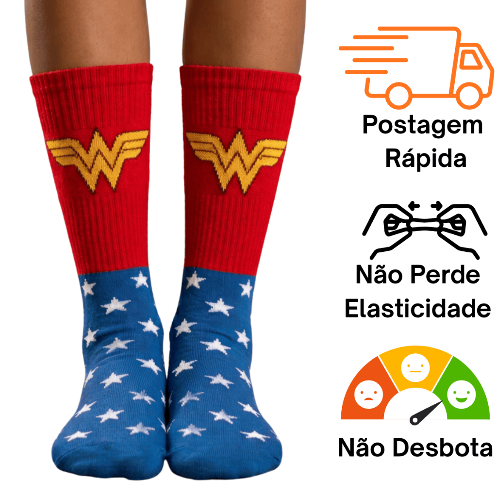 Meia Divertida Cano Alto Algodão Personagem Mulher Maravilha Meia Maluca Academia Corrida Crossfit