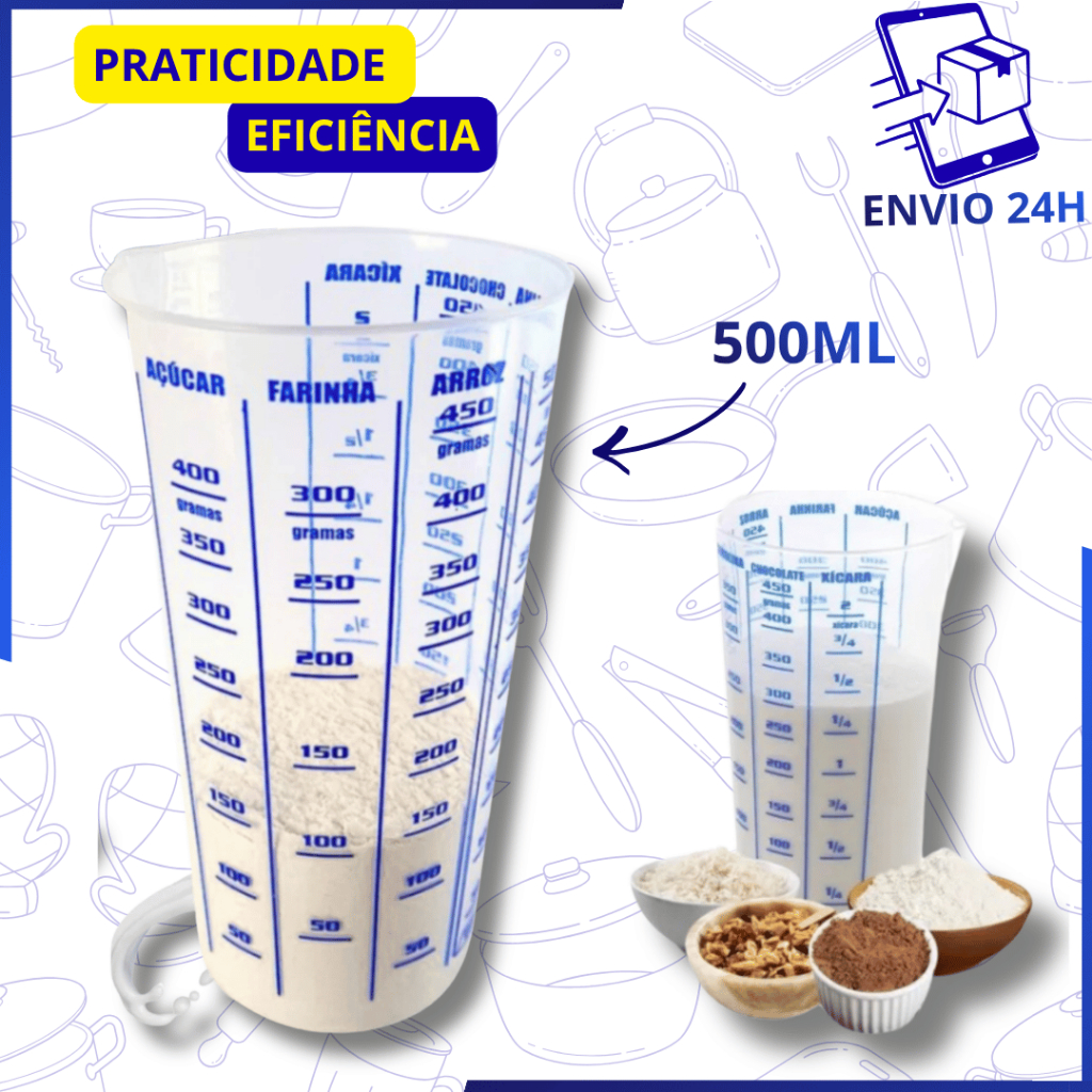 Copo Medidor Cozinha Dosador de Medidas Transparente Graduado 500 ml Para Receitas Culinária Cozinha