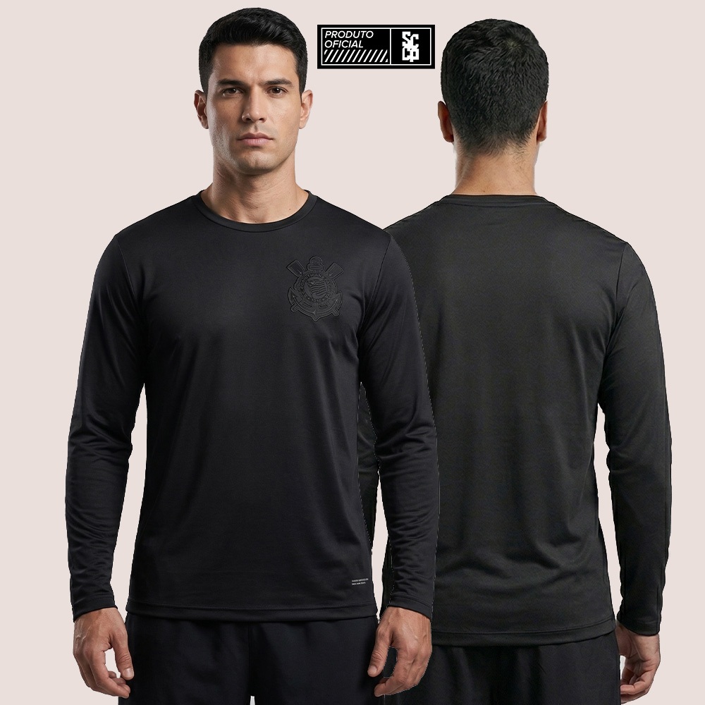 Camiseta Masculina Corinthians All Black Manga Longa Leve UV Dry Estilo Casual Premium Conforto