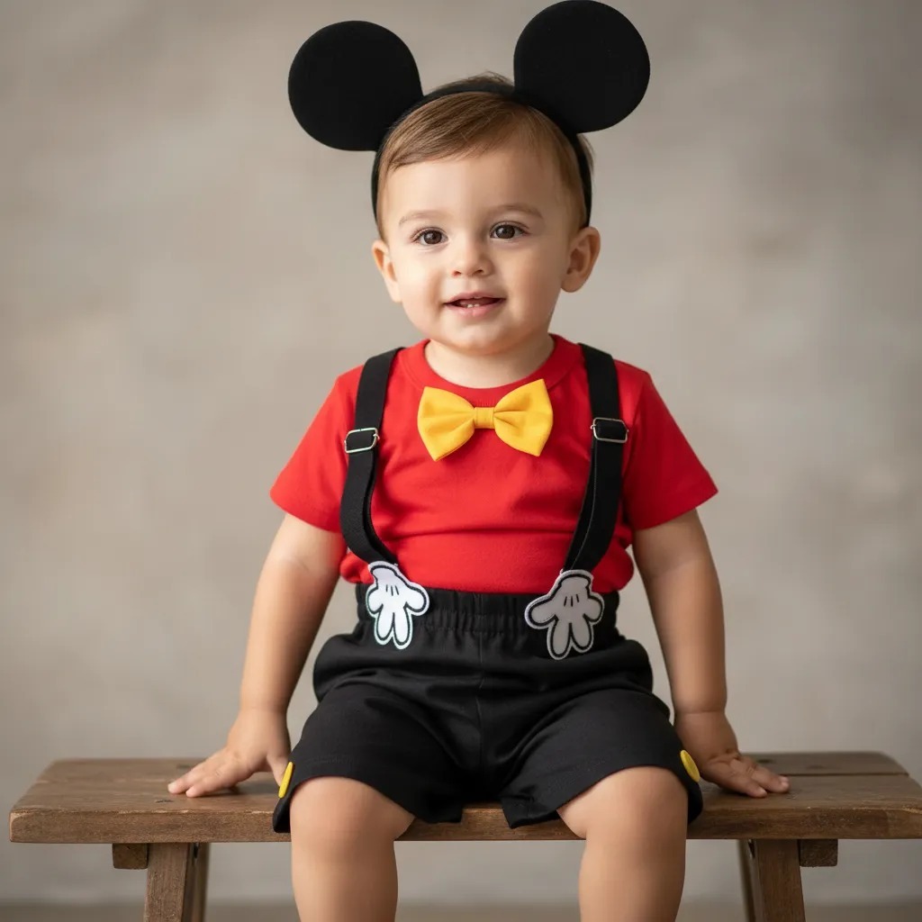 Conjunto Infantil Temático Festa Aniversário Mickey Menino Camiseta, Short, Suspensório e Orelhinhas 1 á 3 anos